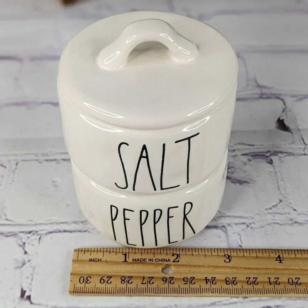 Rae Dunn SALT & PEPPER Ceramic 2 Piece Stacking Cellar Set with Lid